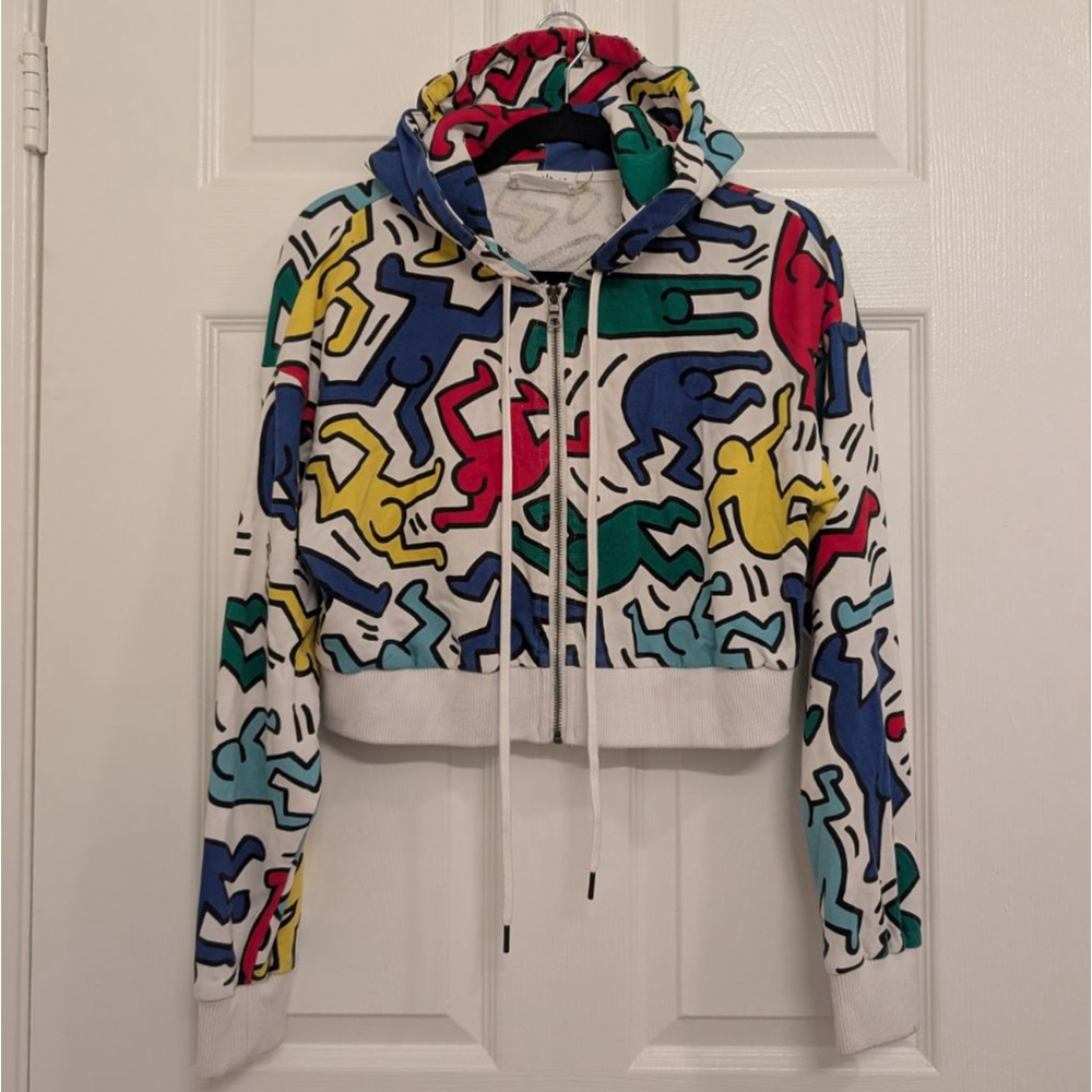 Alice + Olivia x Keith Haring Cropped Wide Sleeve Hoodie M Artsy Wearable Art - Picture 3 of 9